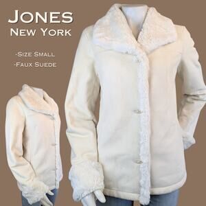 Jones New York Faux Suede Coat Small Ivory Faux Shearling Trim Button Front Cozy